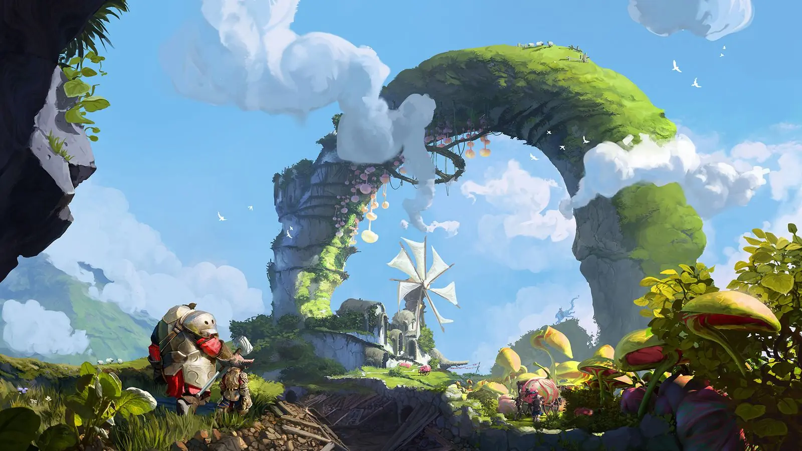 Guild Wars 3 key art: an explorer overlooks a verdant Orrian valley beneath a great grassy stone arch and an old windmill.